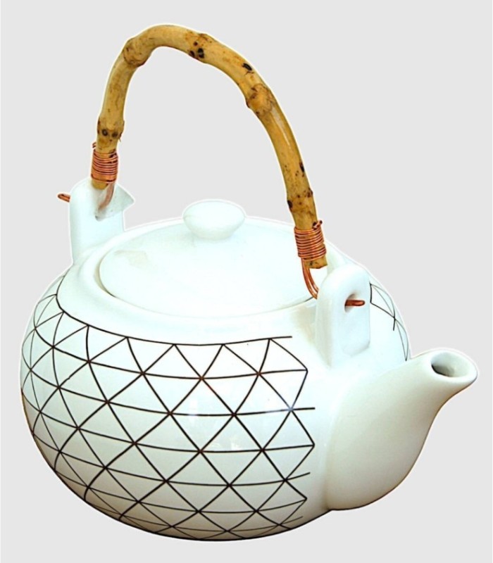 Ceramic teapot with bamboo handle and diamond pattern