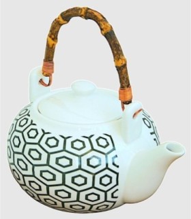Theepot met bamboe handvat, keramiek, zeshoekig