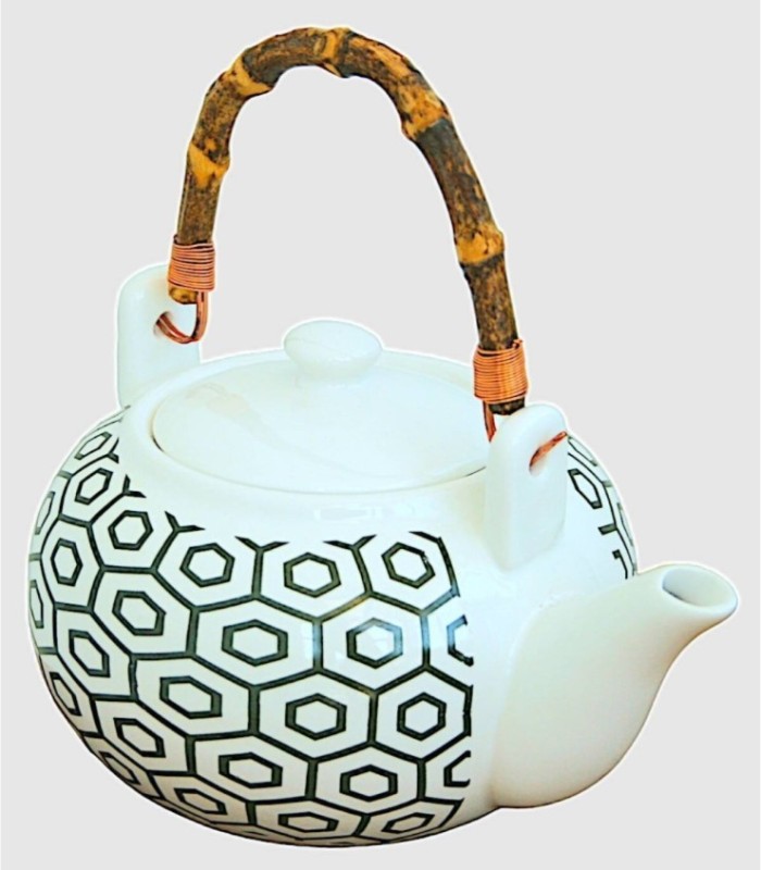 Theepot met bamboe handvat, keramiek, zeshoekig