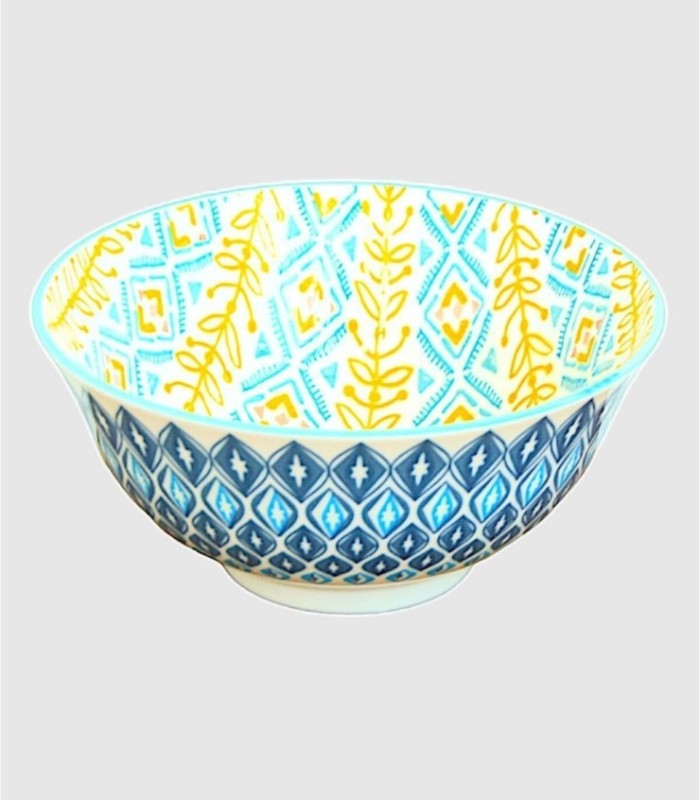 Bowl yellow branches blue diamonds