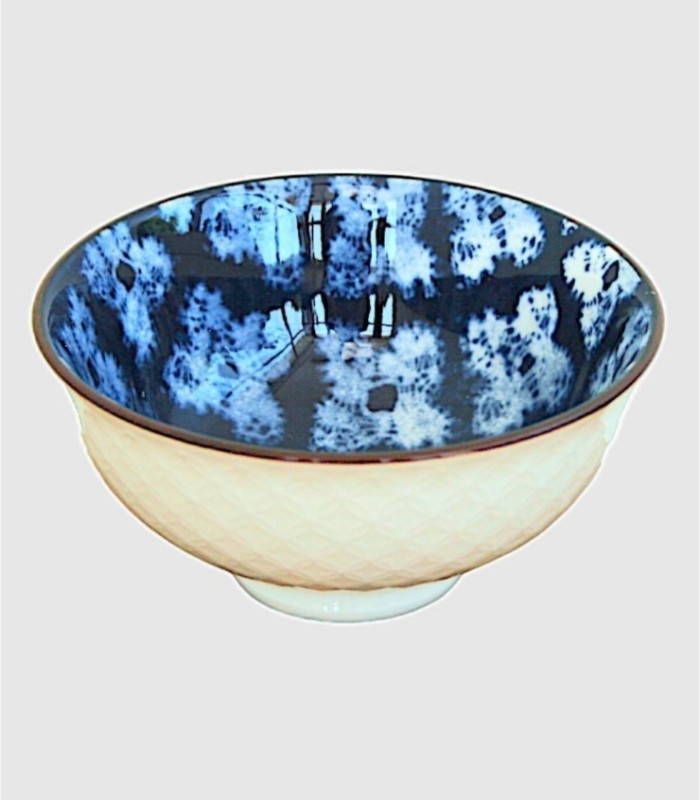 Blue checkered bowl with brown rim