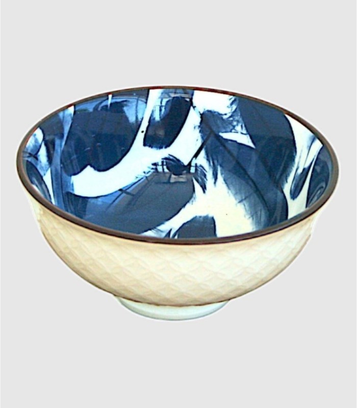 Bowl with blue feathers and brown rim