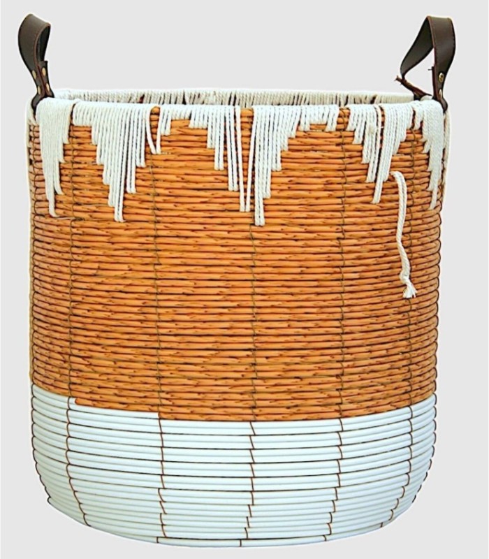 Large beige and white tote bag with leather handle