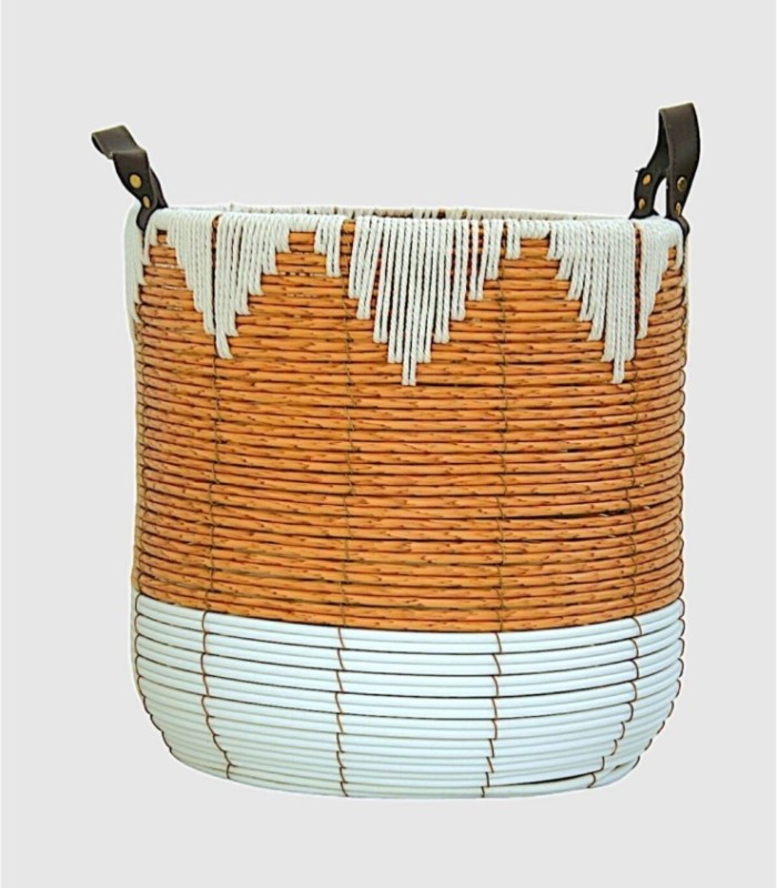 Medium beige and white tote bag with leather handle