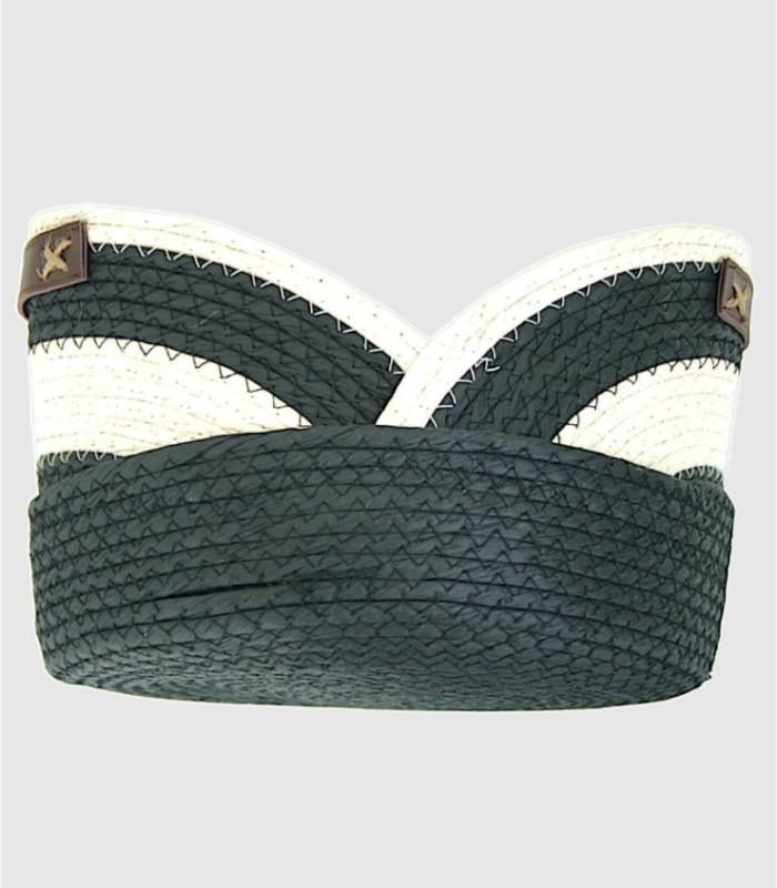 Large black and white rope basket with leather handle