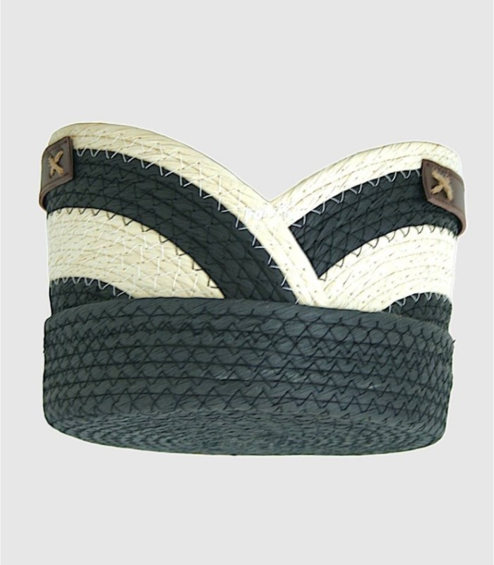 Medium black and white rope basket with leather handle