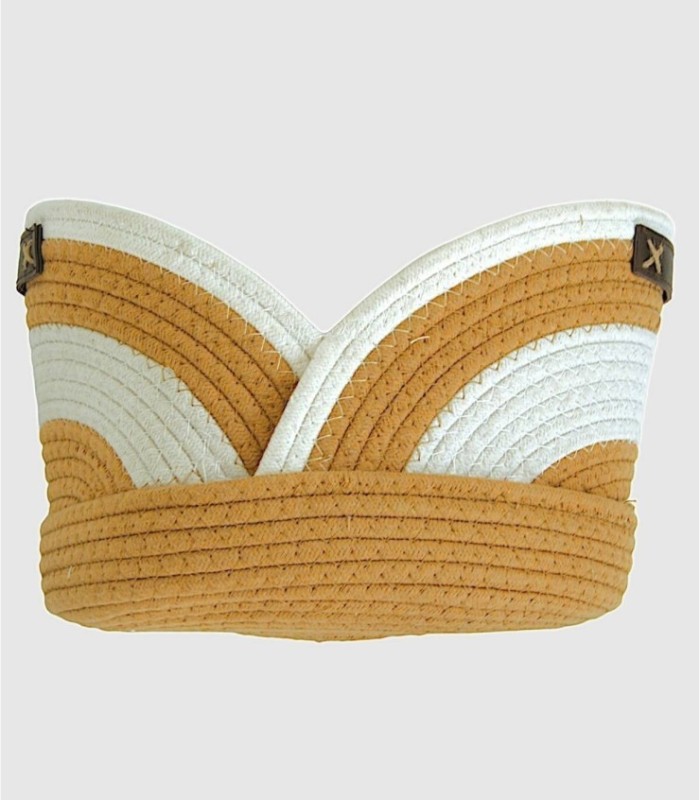 Large beige and white rope basket with leather handle