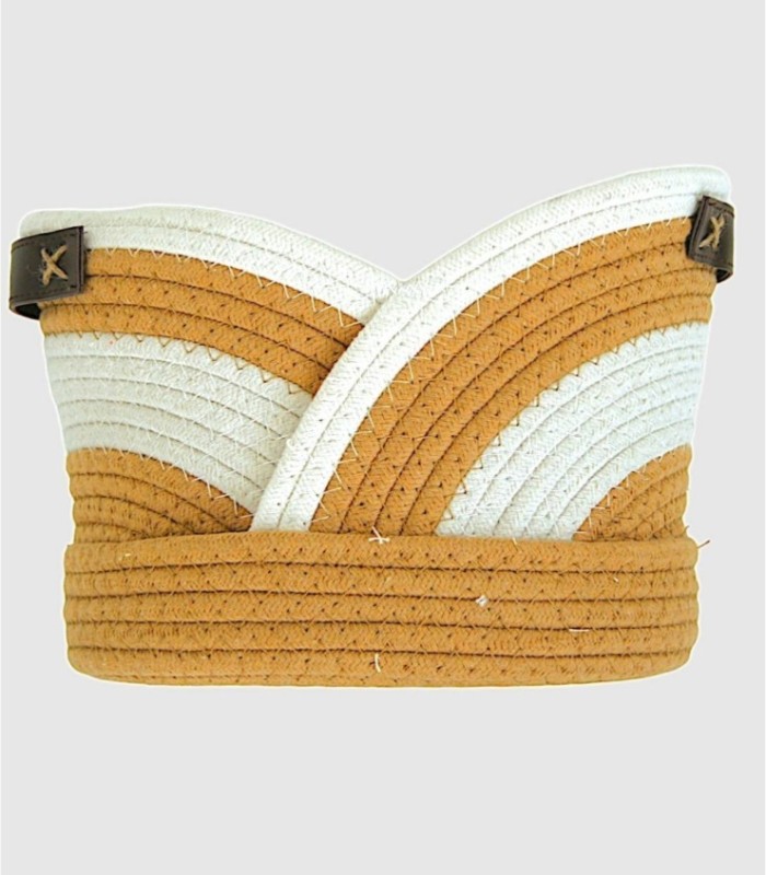 Middelgrote beige en witte touwmand met leren handvat