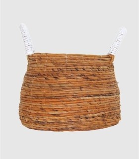 Small round rustic wicker basket with white handles