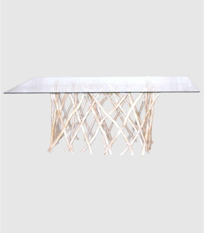 Tafel met houten onderstel en groot rechthoekig glas