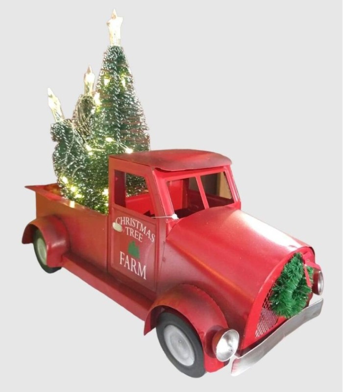 Red Christmas car with trees and LED lights.