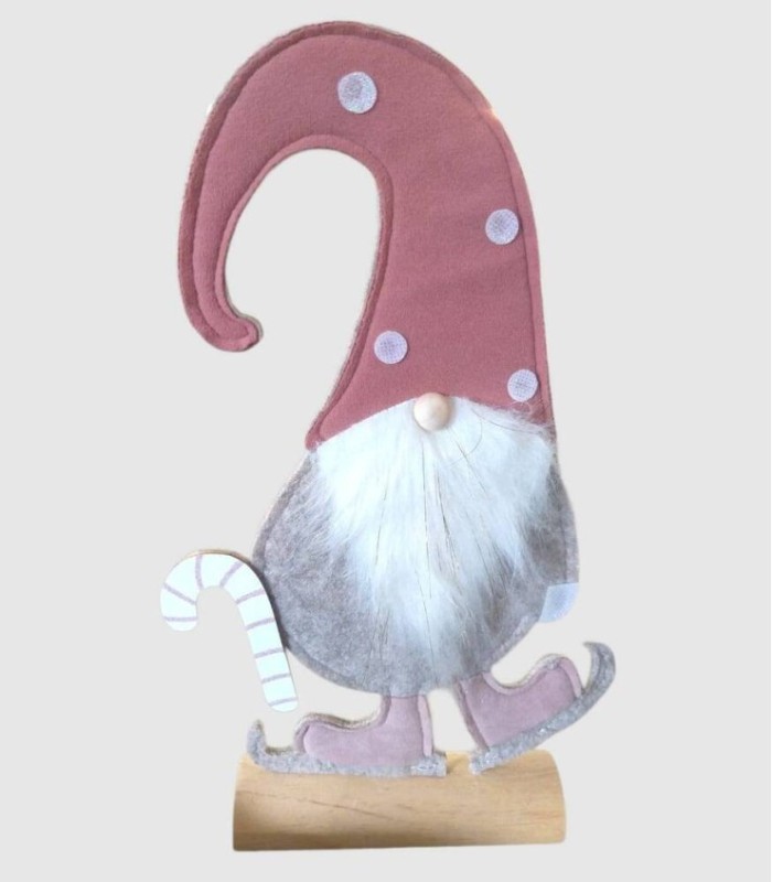 Kerstdecoratie Kerstman houten voet met riet, witte baard en roze hoed.