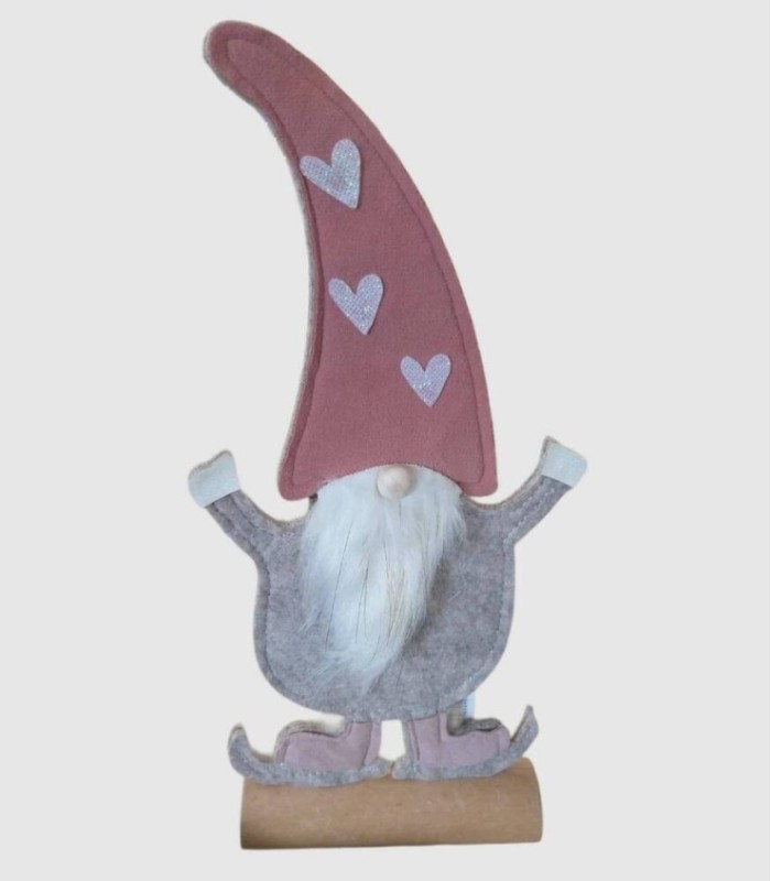 Christmas decoration Santa Claus wooden stand with long arms, white beard and pink hat.