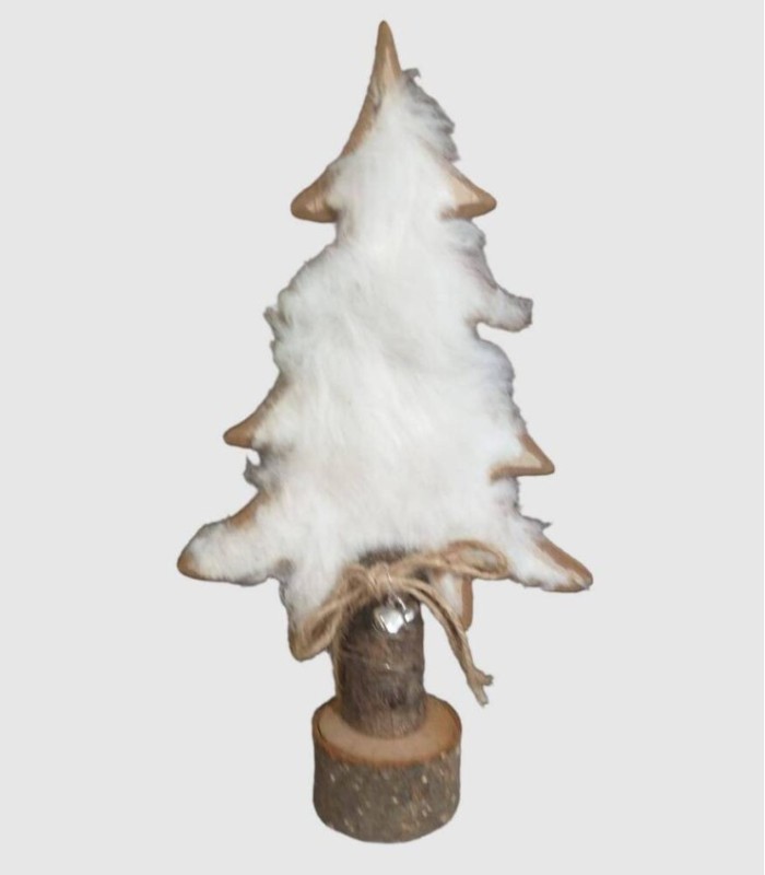 Kerstboomdecoratie met houten voet en witte haren, 100x50x250mm.