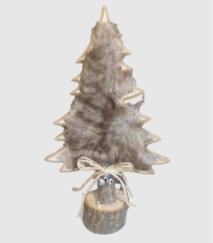 Decoración árbol navidad base madera con pelo marrón, 100x50x250mm.