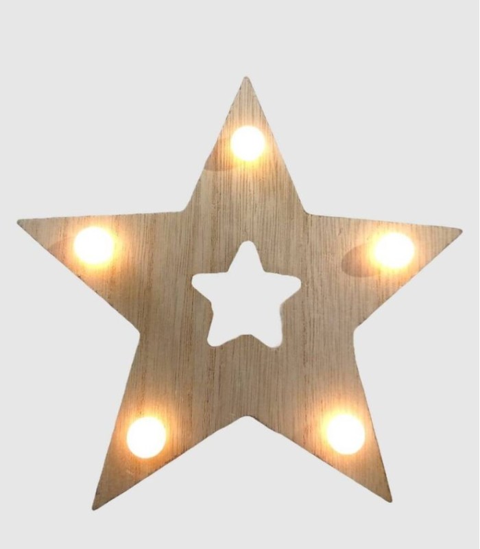 Kerstdecoratie: sterfiguurtje met ledverlichting, hout, 13x13x3 cm.