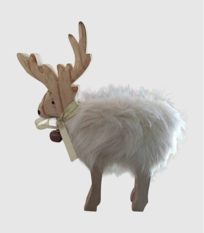 Christmas decoration wooden reindeer with white fur, gold fabric ribbon and bell.