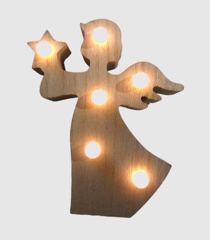 Kerstdecoratie: houten engel met LED-verlichting, 13x11x3 cm.