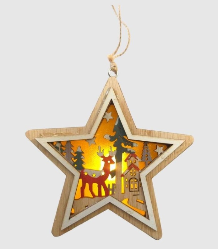 Christmas star hanging decoration with LED light, wood 12x12x3cm