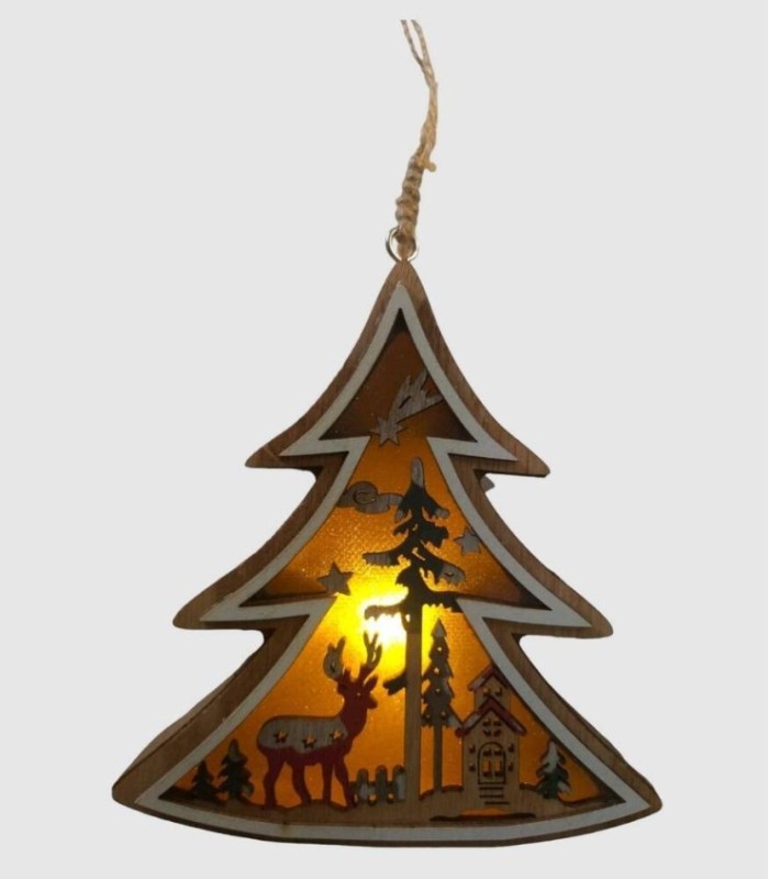 Christmas decoration hanging fir tree with led light, wood 12X12X3cm