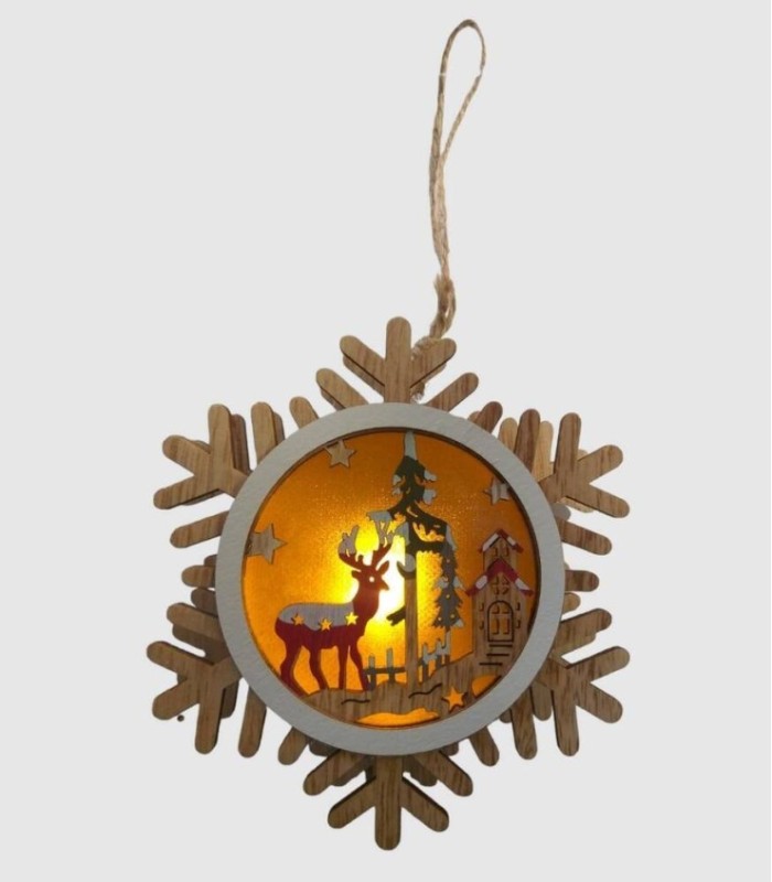 Kerstdecoratie: hangende sneeuwvlok met ledverlichting, hout, 12x12x3 cm.