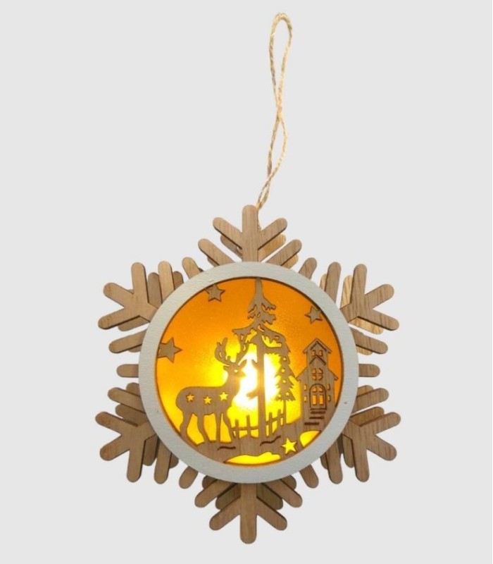 Kerstdecoratie: ster/sneeuwvlok hangend voor in de boom met ledverlichting, 12x12x3 cm.