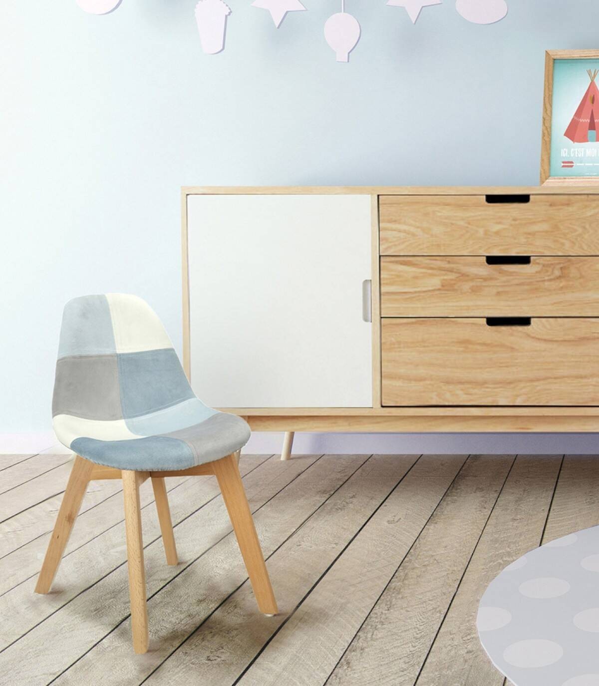 Set van 2 kinderstoelen met patchwork-design in blauw.