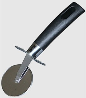 Metal pizza cutter with black handle