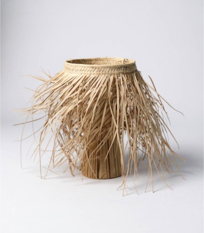 Conical raffia lamp with palm shade