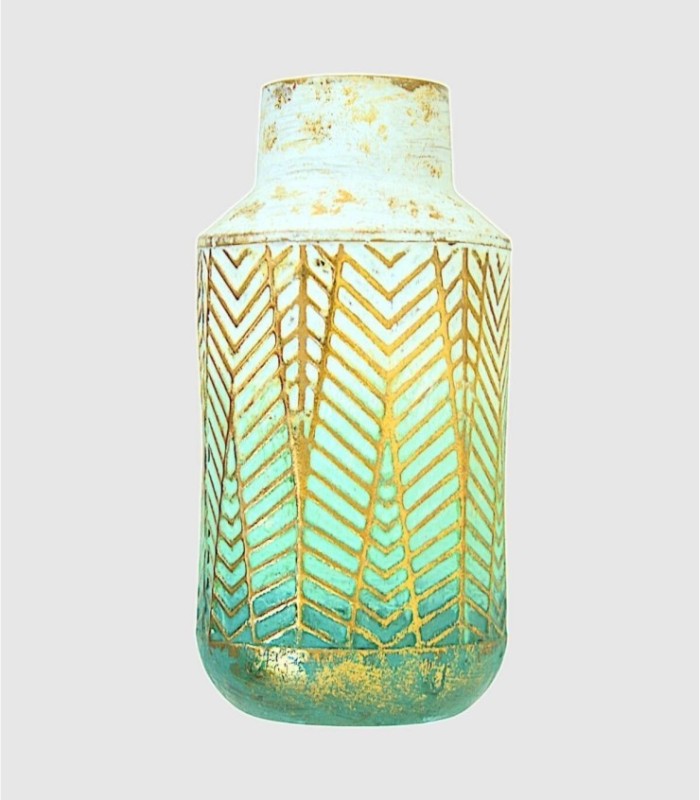 Small green white metal vase