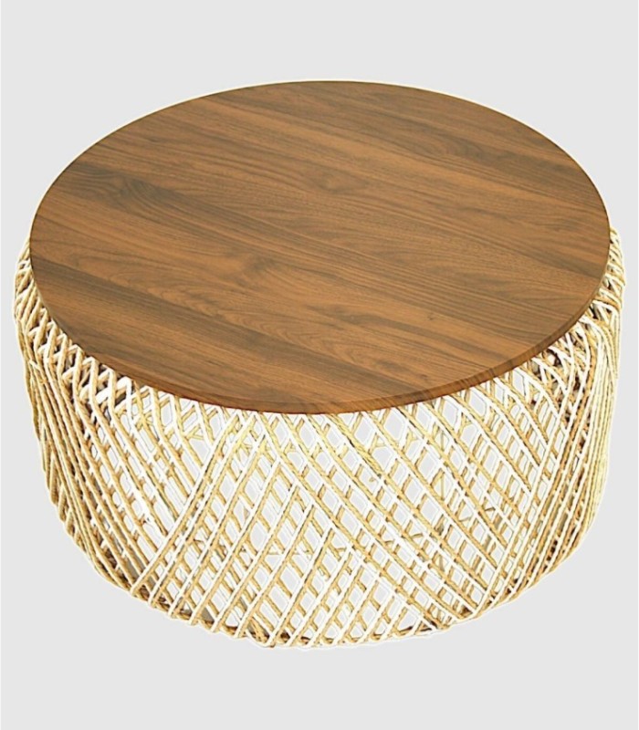 Large natural wood table with white rope