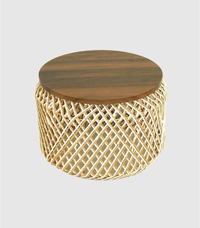 Small natural wood table with white rope