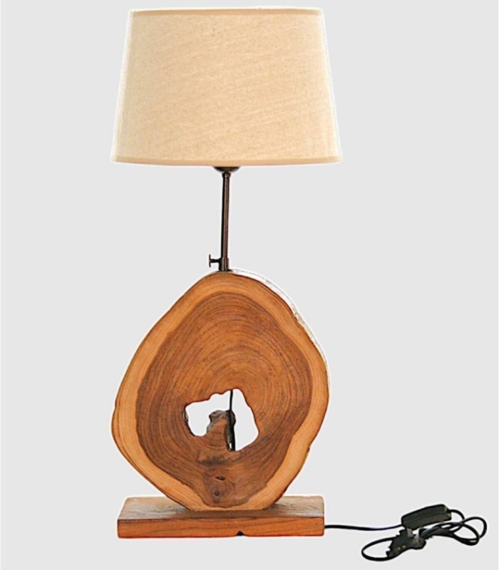 Solid wood table lamp with round trunk.