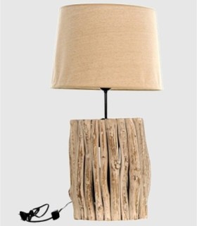 Tafellamp met stoffen kap en houten voet.