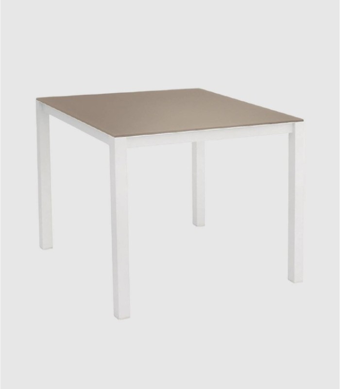 Klein glazen tafeltje, wit en beige.