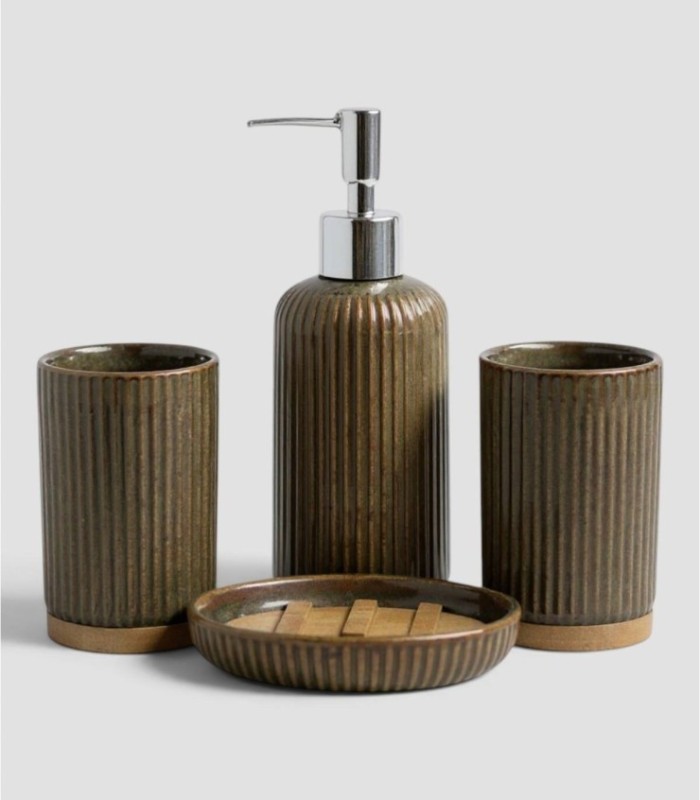 4-piece bathroom set, brown wooden soap dish
