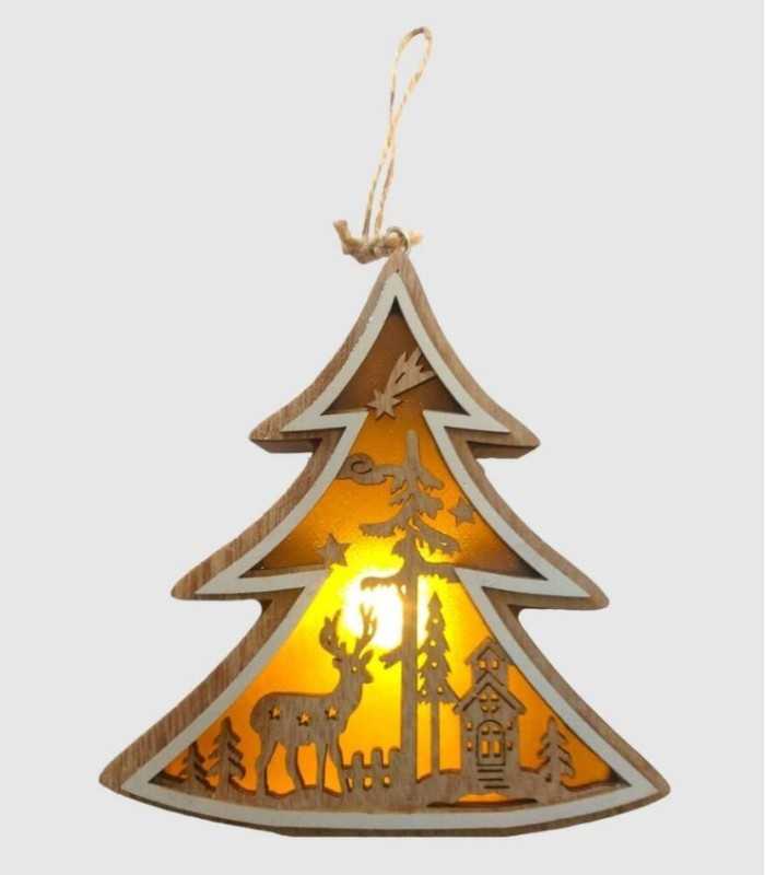Kerstdecoratie van dennenhout met ledverlichting, 12x12x3 cm, om in de boom te hangen.
