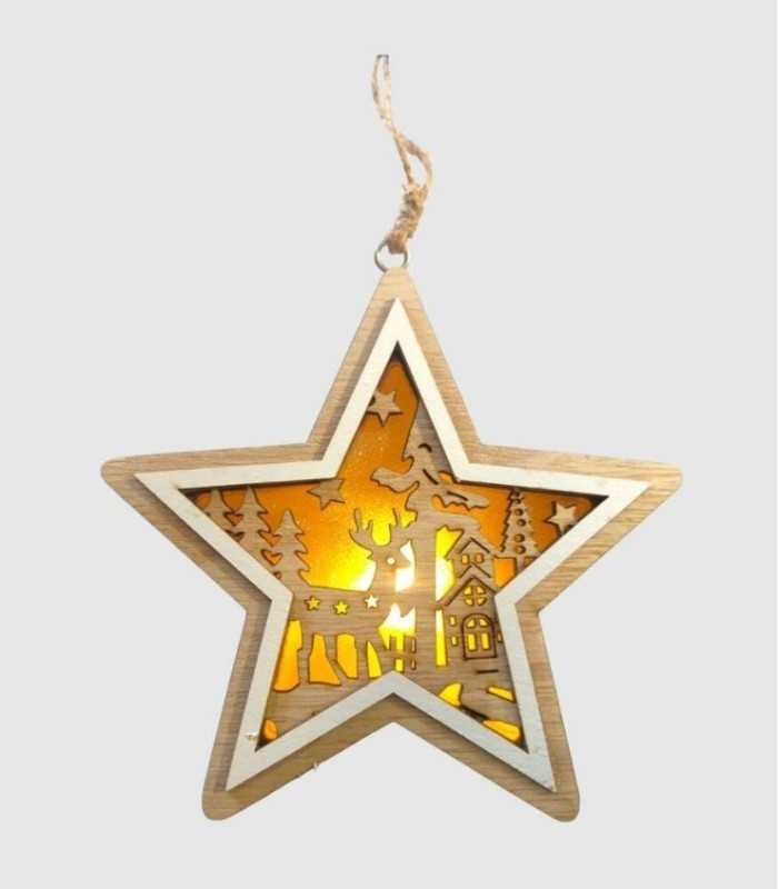 Kerstdecoratie houten ster hanger voor boom met led licht 10x10x3cm.