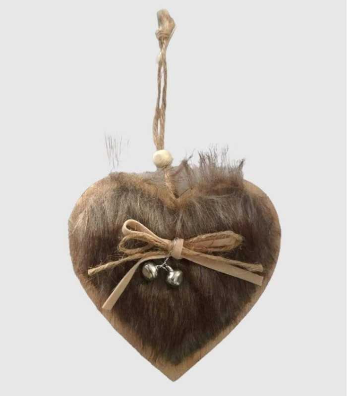 Kerststerdecoratie om op te hangen, hout met haar, belletje en lint, 12x12 cm.