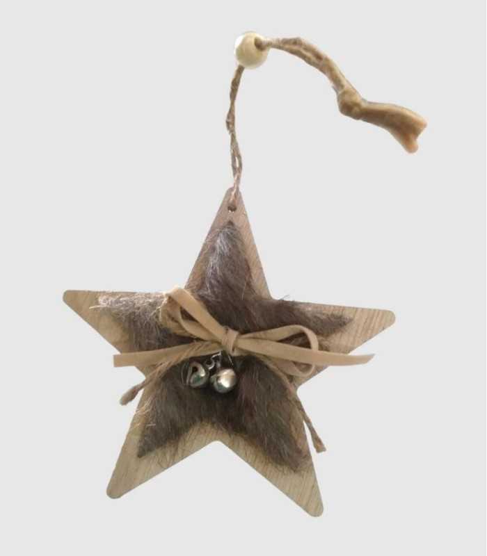 Christmas star decoration for hanging, wood with hair, bell and ribbon 12x12cm.