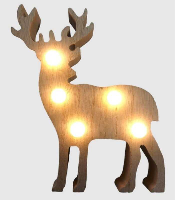 Christmas decorative reindeer figurine with LED light, wooden, 13x13x2cm