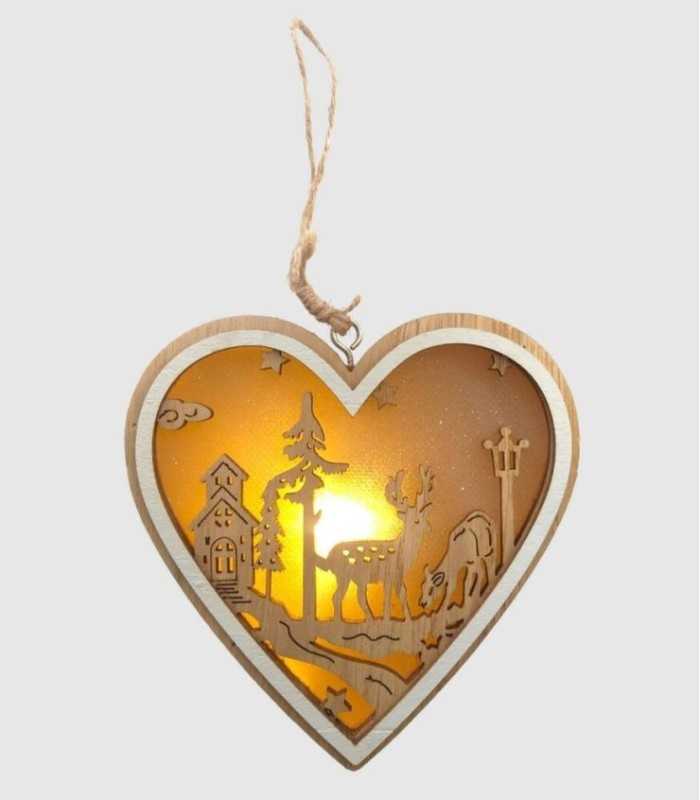 Christmas decoration heart made of wood, hanging for the tree with LED light, 12x12x3cm.