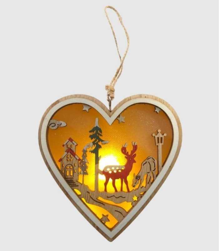 Decoracióin navidad corazón colgante con luz led,madera 11x11x3cm.
