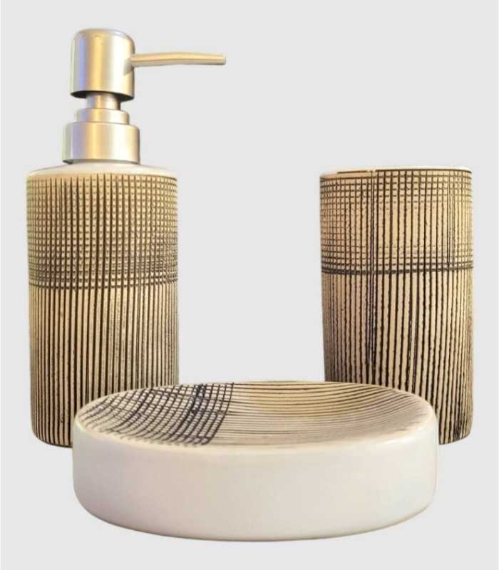 BATHROOM SET 3 STONEWARE ABS 6.5X6.5X17 BROWN STRIPED